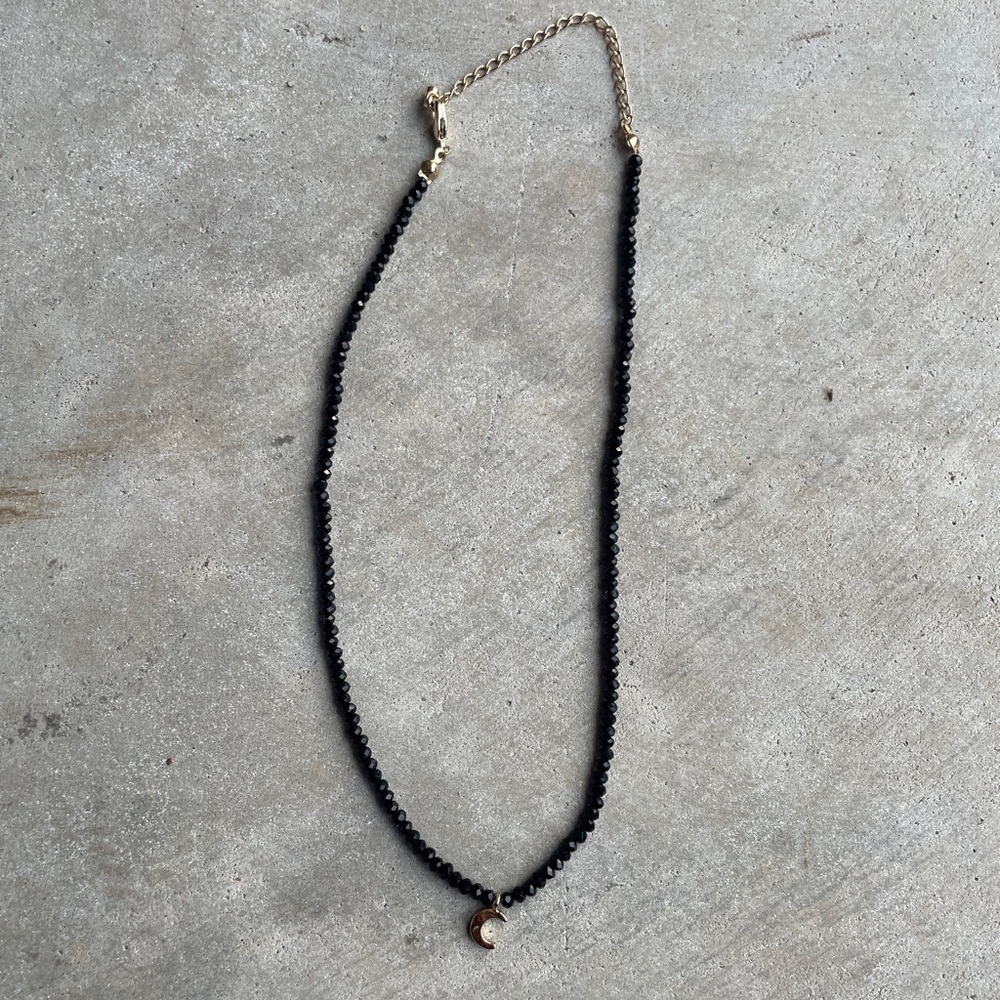 Black and Gold Moon Pendant Beaded Necklace